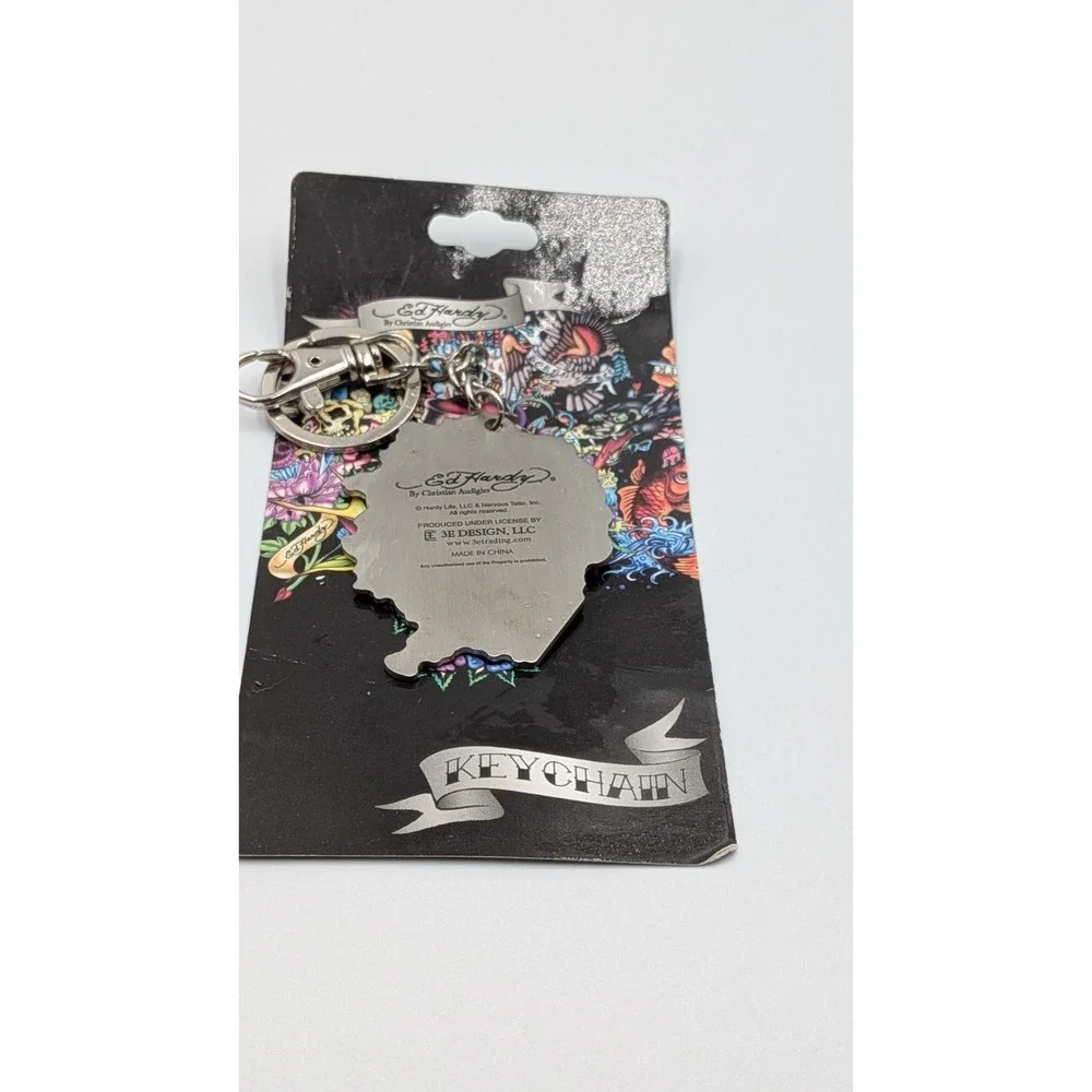 ed hardy by christian audigier Ghost Keychain New Skull Flower Design Y2k Vtg